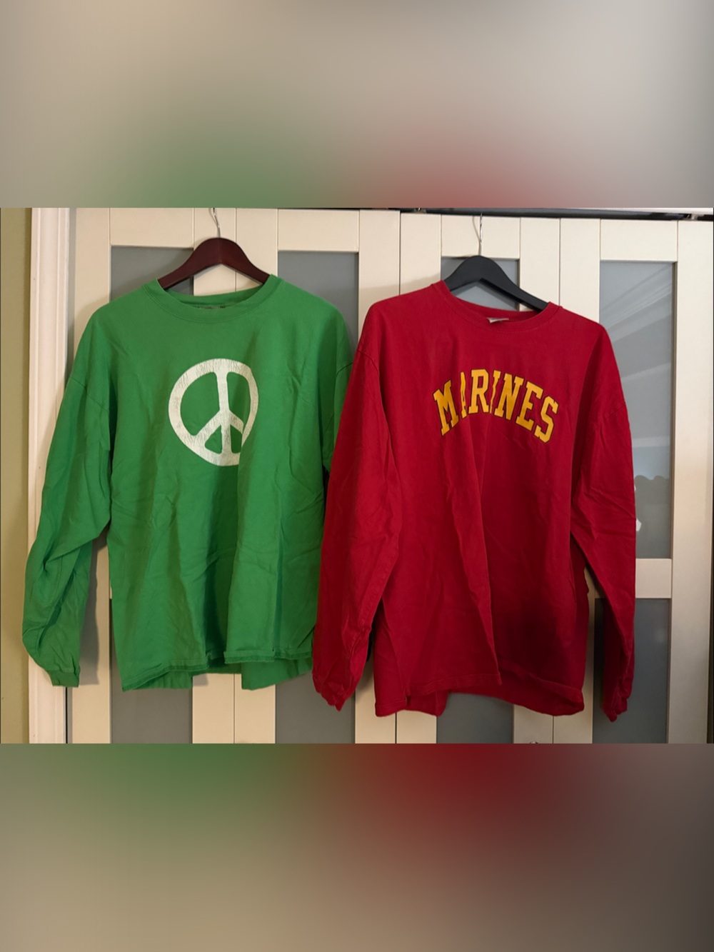 2 Longsleeve XL Vintage Tees: Green distressed Peace logo☮️ & Red Marines logo🎖️